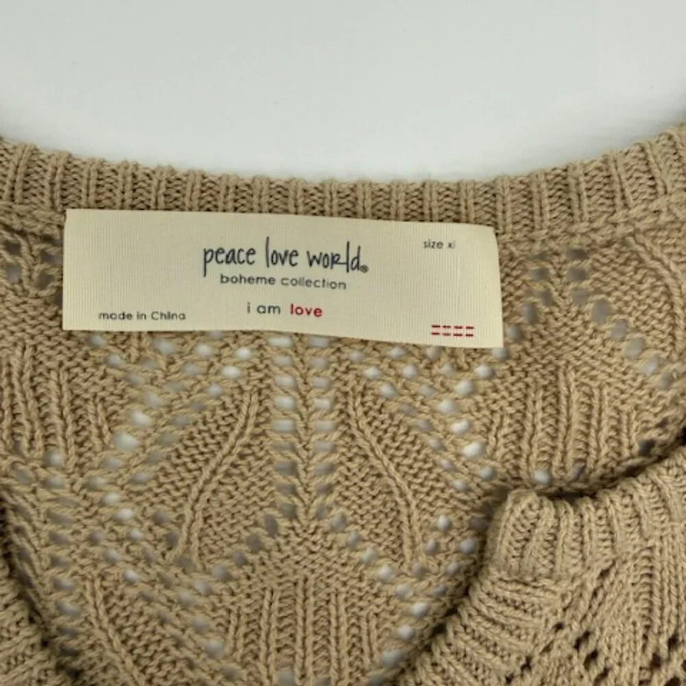 Peace Love World Boheme Open Knit V Neck Sweater XL Boho Crochet QVC